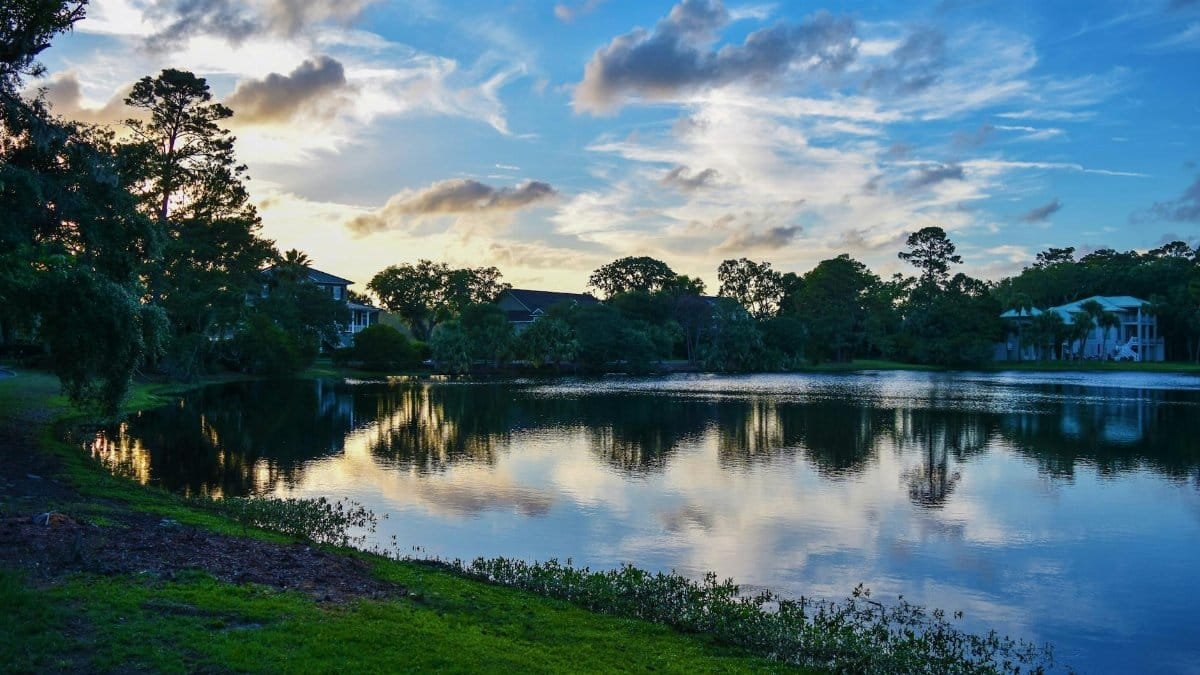 Beautiful sunset reflecting over a tranquil lake in Savannah, Georgia, with picturesque homes and lush trees.