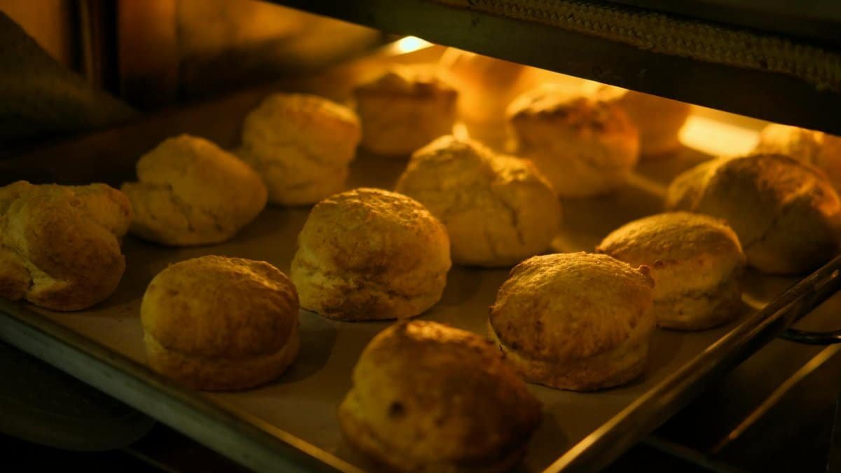 Close-up of freshly baked biscuits turning golden brown in a warm oven.