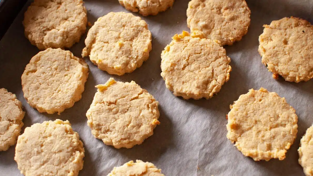 Close-up of golden homemade biscuits freshly baked on a parchment-lined tray.