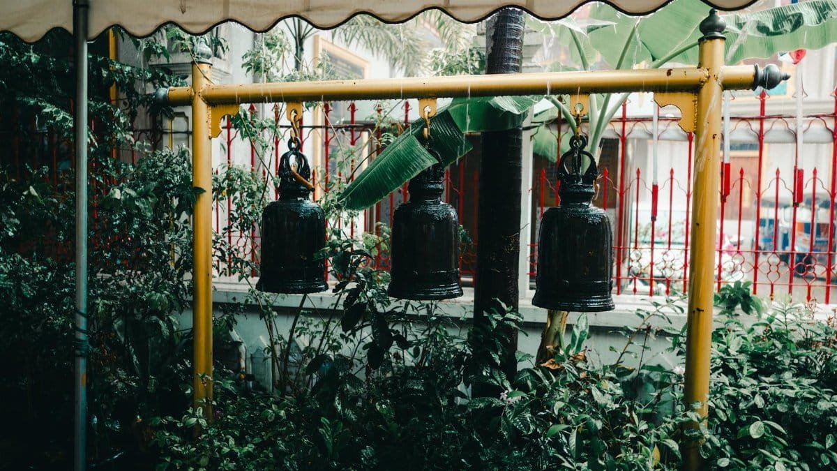 Traditional bells hanging in a lush garden in Bangkok, Thailand, creating a serene atmosphere.