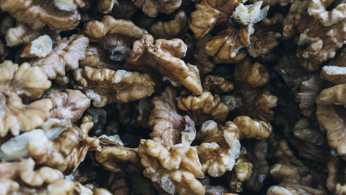 Detailed close-up of shelled walnuts showcasing their rich texture and natural colors.