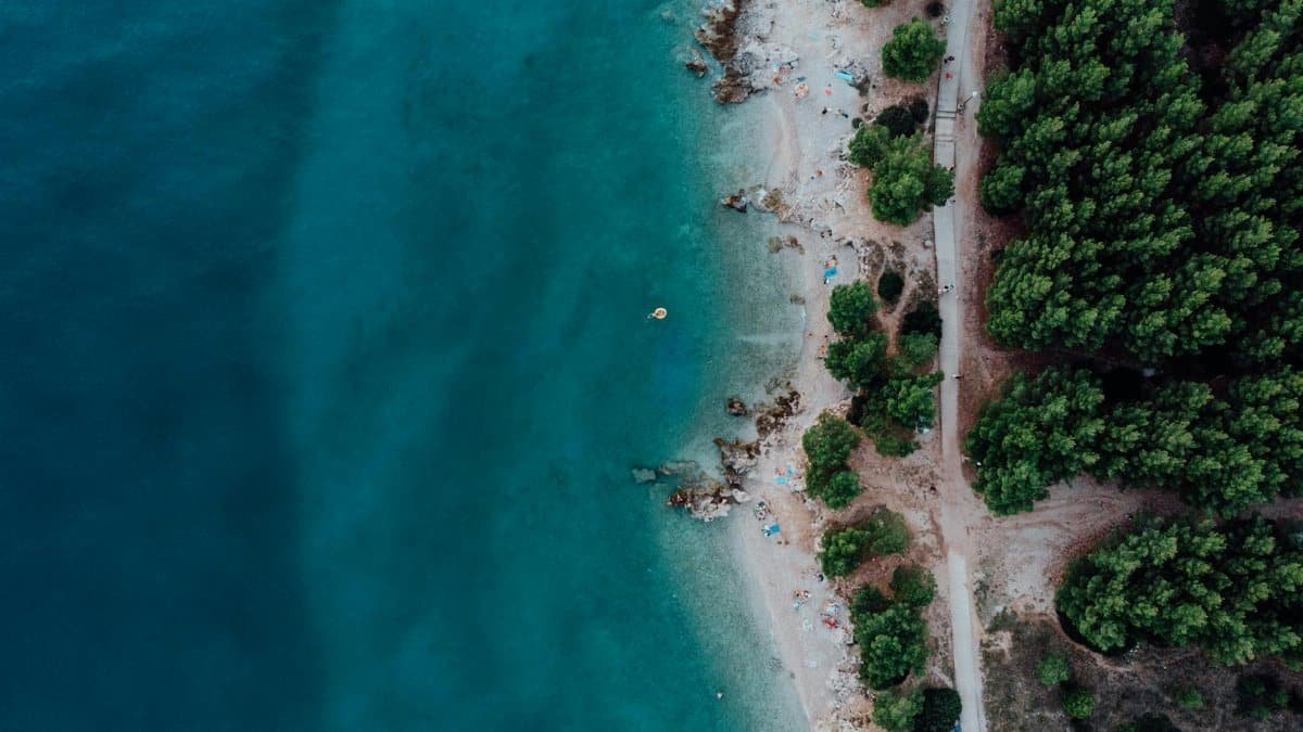 Stunning drone shot of a secluded tropical beach with turquoise waters and lush green trees.
