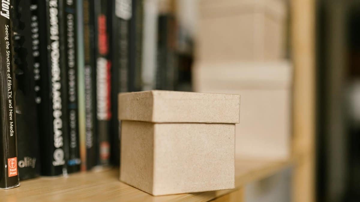 Close-up shot of a small brown paper box on a wooden shelf with books in the background.