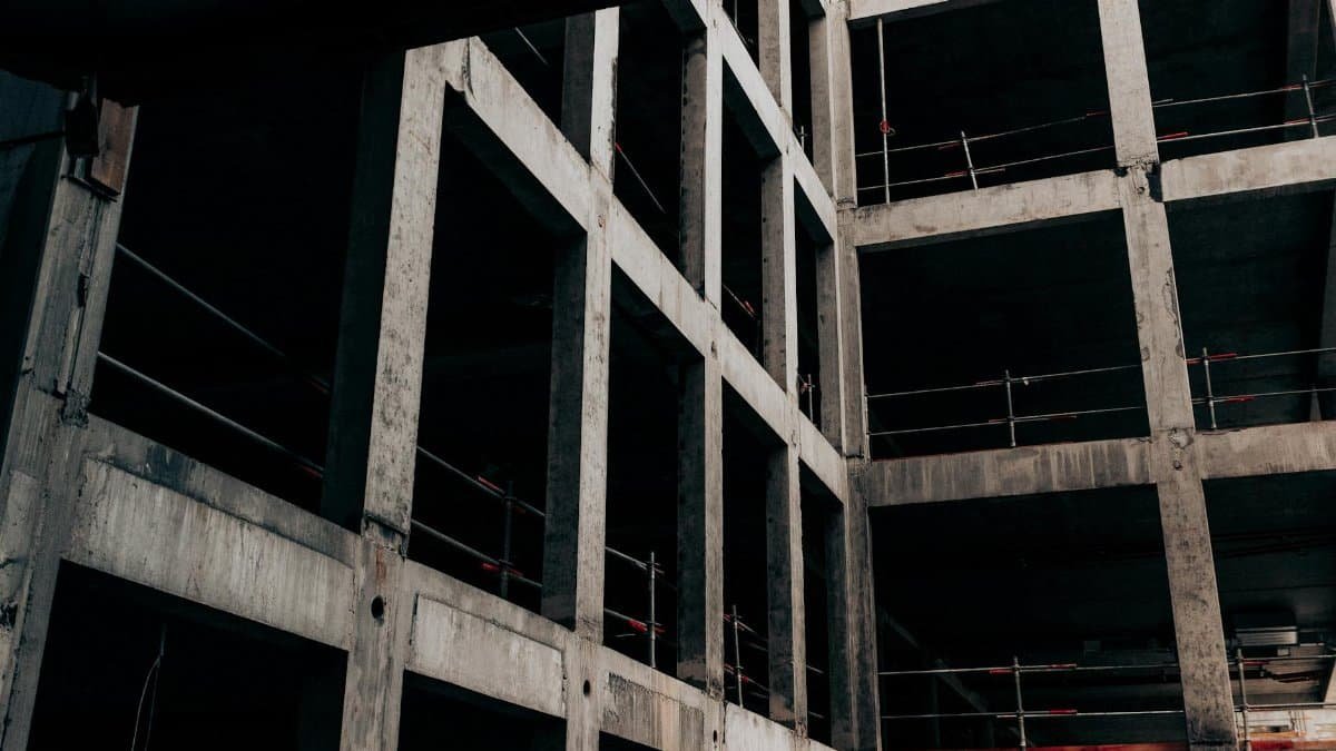 Structural concrete framework of a multistory building under construction.