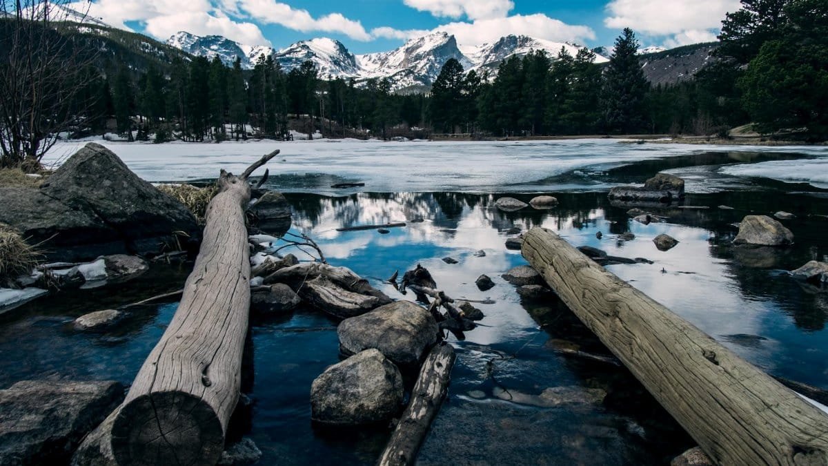 Tranquil winter scene of snowy mountains and icy lake in Estes Park, Colorado.