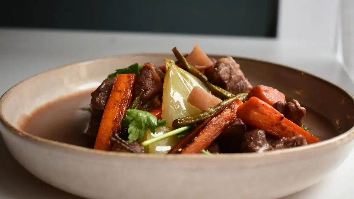 Savor this mouth-watering beef and vegetable stew featuring tender meat and vibrant root vegetables.