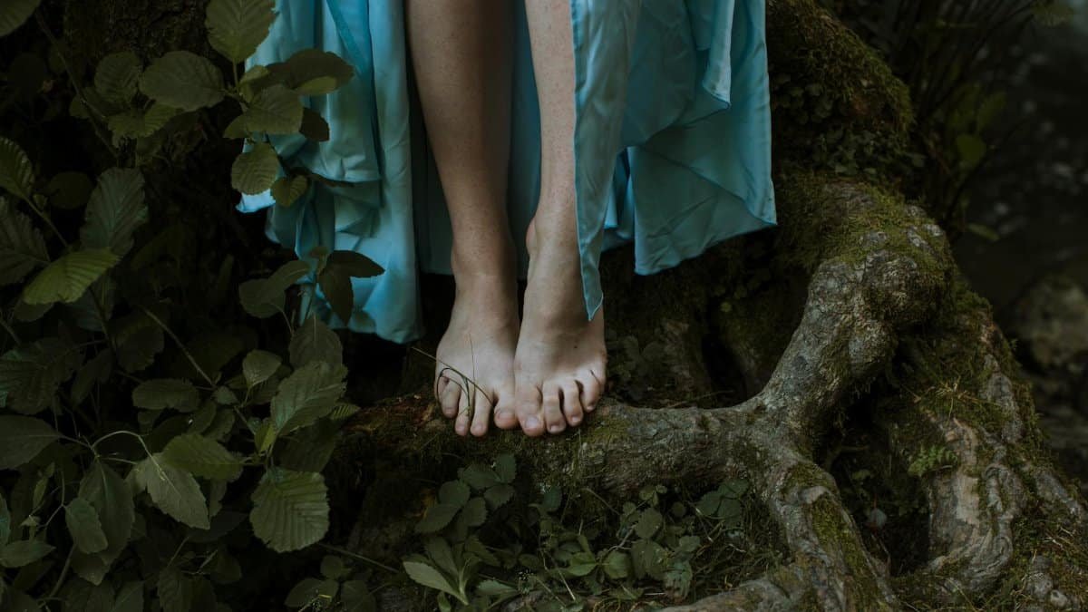Close-up of bare feet standing on tree roots surrounded by green leaves.