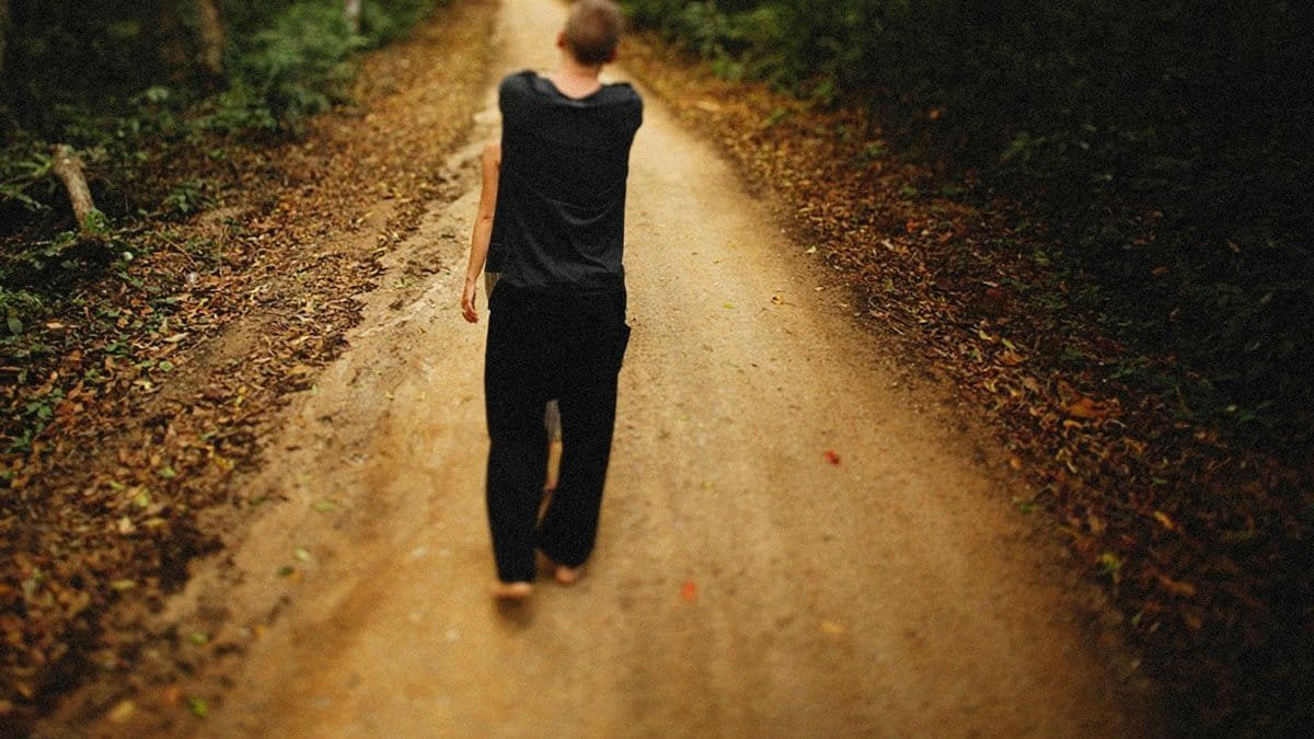 Person walking barefoot on a forest dirt road, creating a serene outdoor scene.