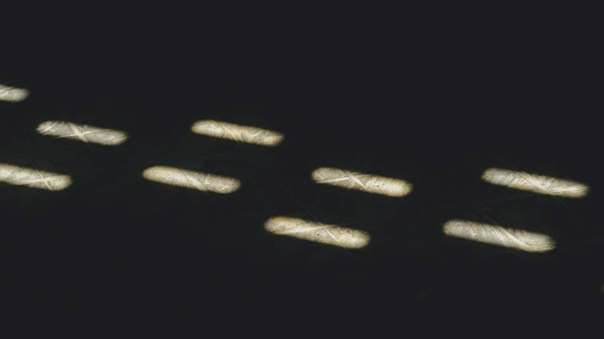 Abstract image of light patterns resembling morse code on a dark background.