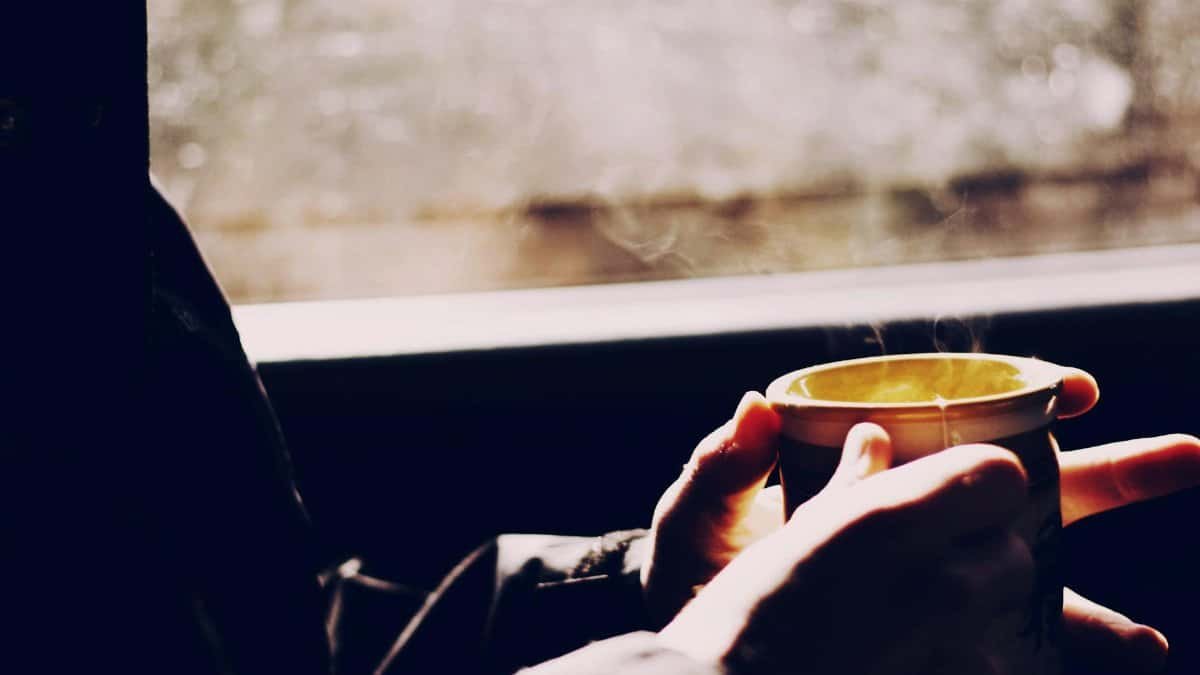 Cozy moment with steam rising from a mug, hands warmly grasping it by the window.
