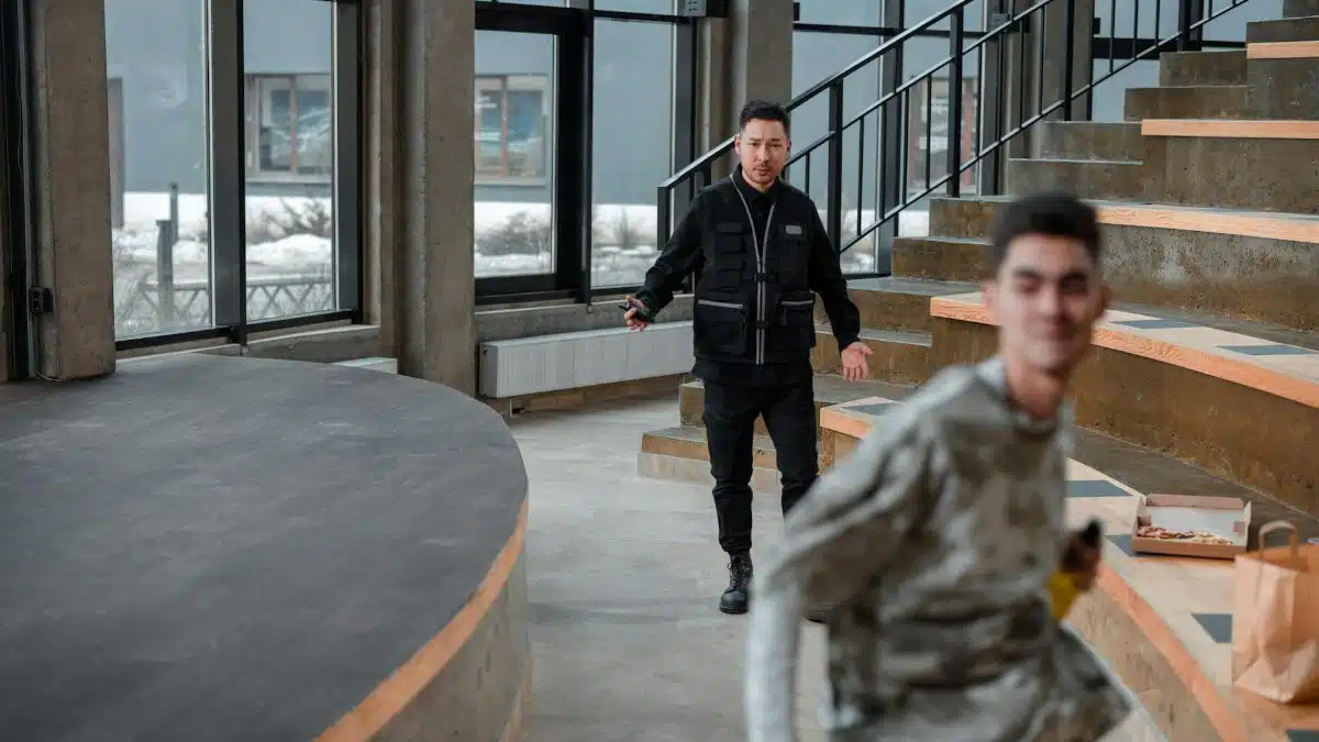 A security guard confronts a young man running indoors, depicting a tense moment.