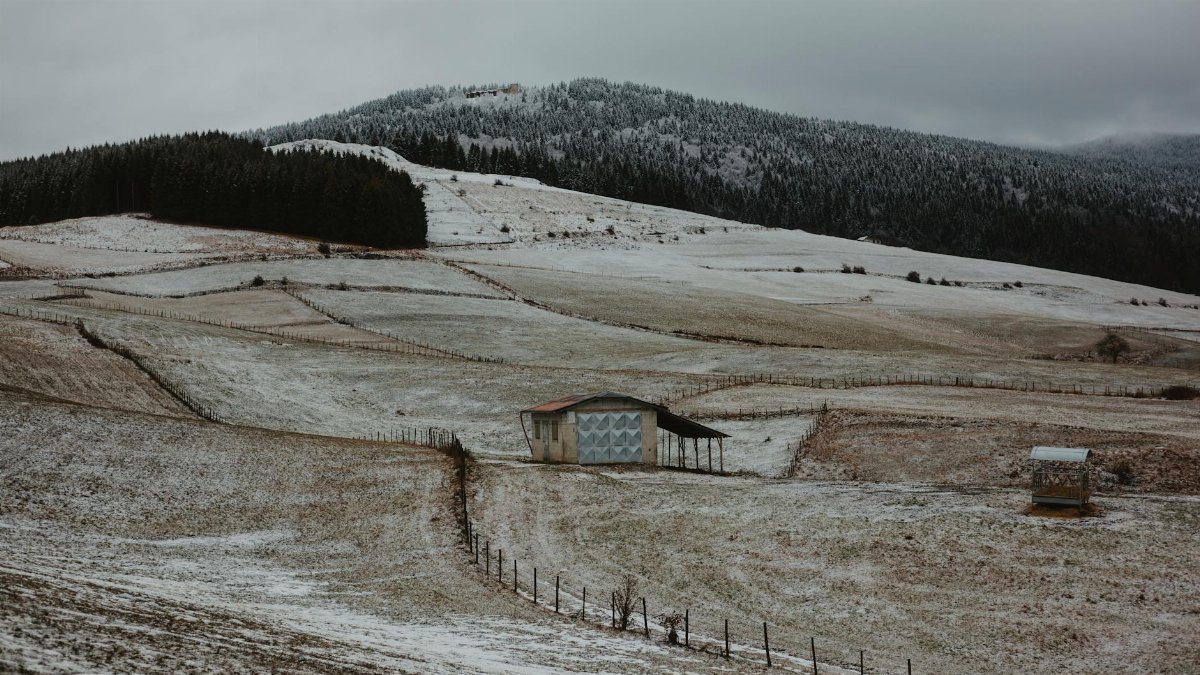A quiet snowy rural landscape with fields and a barn, under a cloudy sky, nestled near a forested hillside.