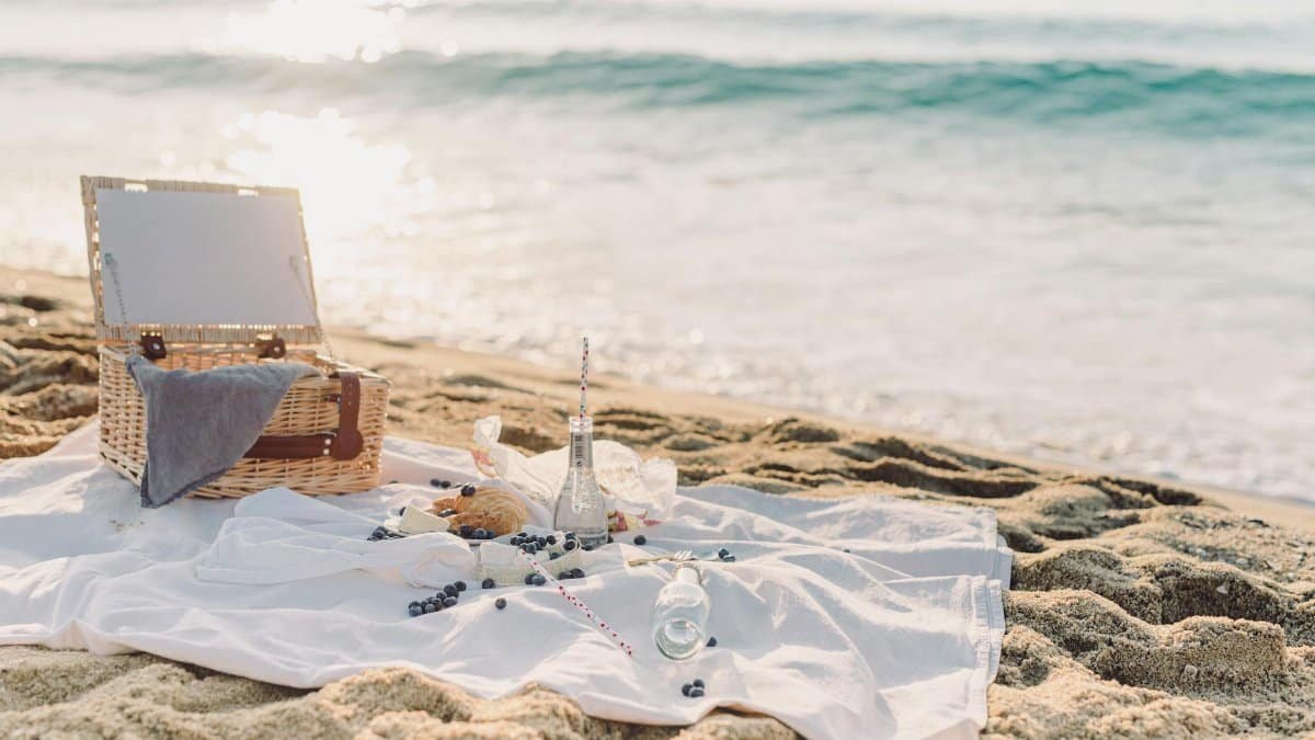 Peaceful seaside picnic setup with basket, croissant, and blueberries on a white blanket by the ocean.