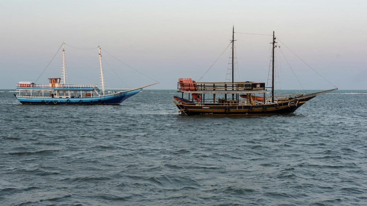 Two sailboats on calm waters at Porto Seguro Brazil at dusk.