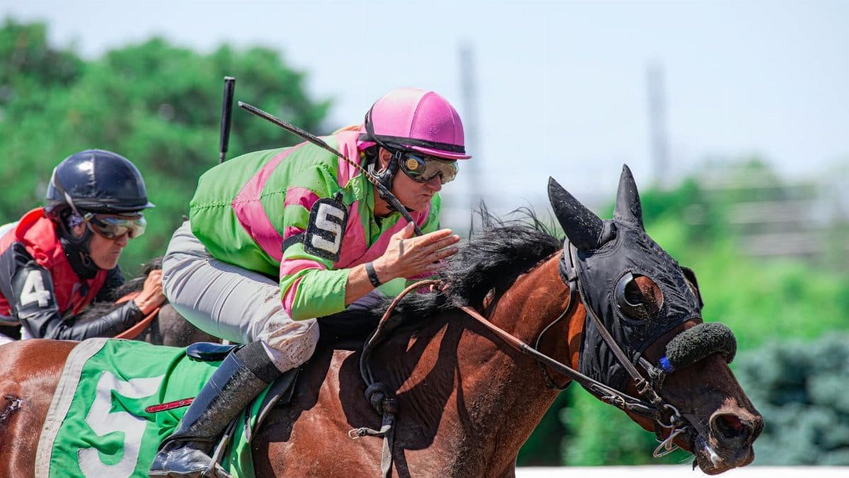 Intense horse racing action with jockeys competing on the track.