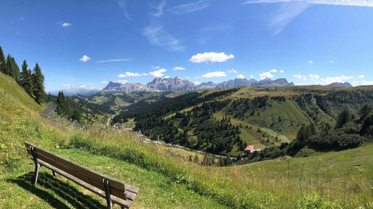 A breathtaking panorama of a lush mountain valley with a wooden bench under a clear blue sky.