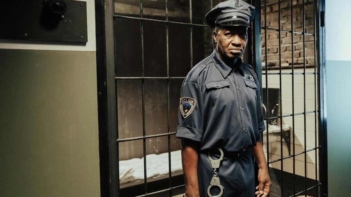 A prison guard in uniform standing in front of a cell inside a correctional facility.