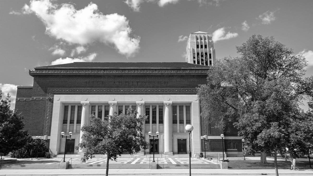 Black and white photo of Hill Auditorium, a historic building in Ann Arbor, Michigan.