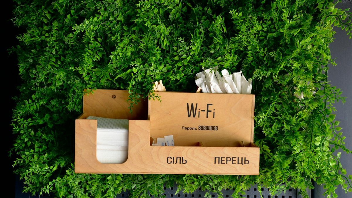 Wooden box on green background with Wi-Fi details and storage compartments.