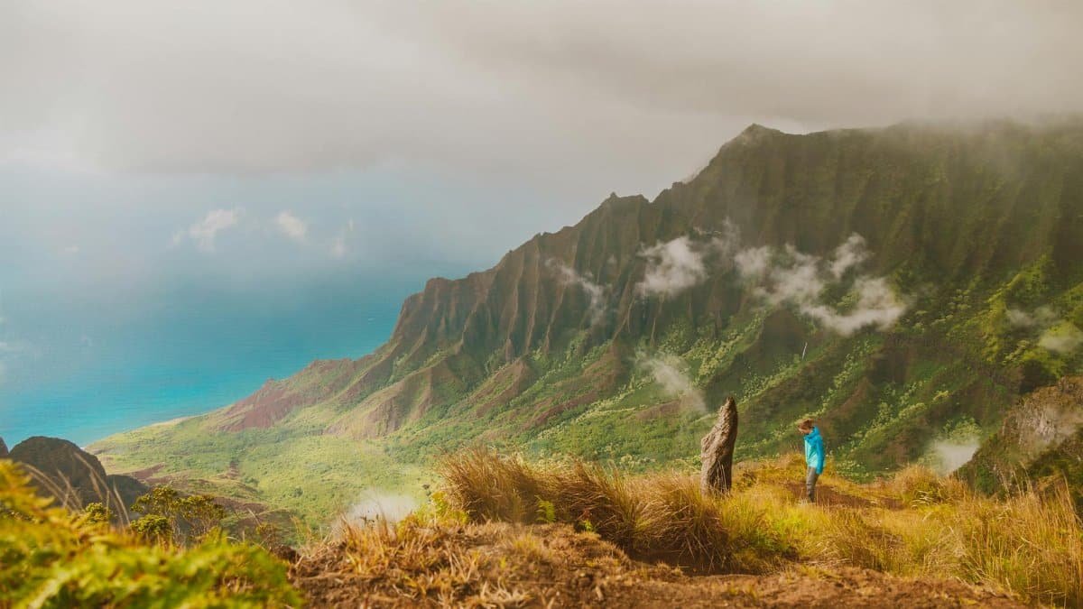 Hiker gazing over the misty Na Pali Coast in Kauai, Hawaii, capturing adventure and nature's beauty.