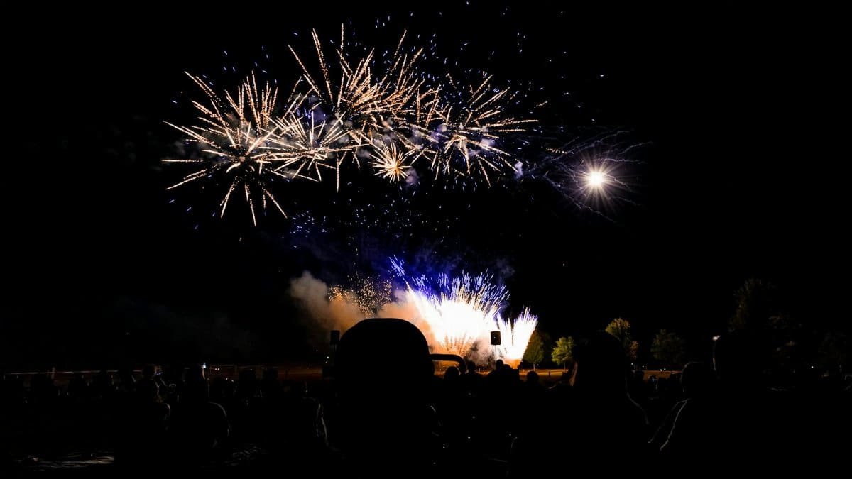 A large crowd enjoys a vibrant fireworks display at night, capturing the essence of celebration and joy.
