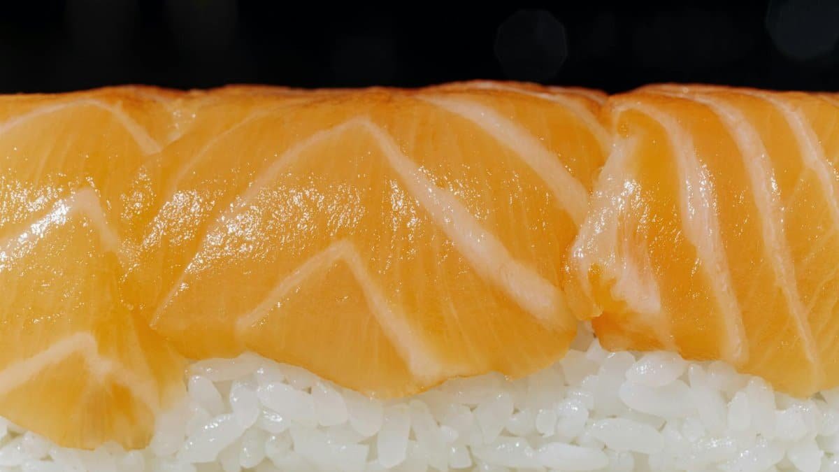 Delicious close-up shot of fresh salmon sushi with a focus on vibrant texture and color.