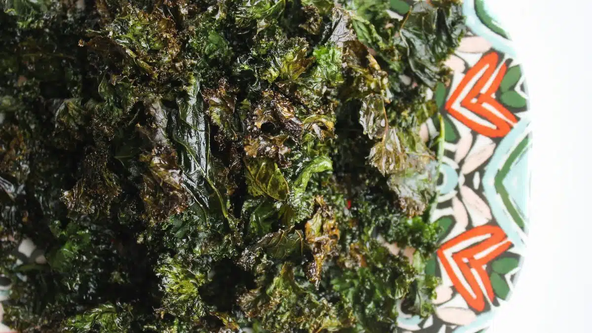 Delicious homemade baked kale chips served on a colorful patterned plate.
