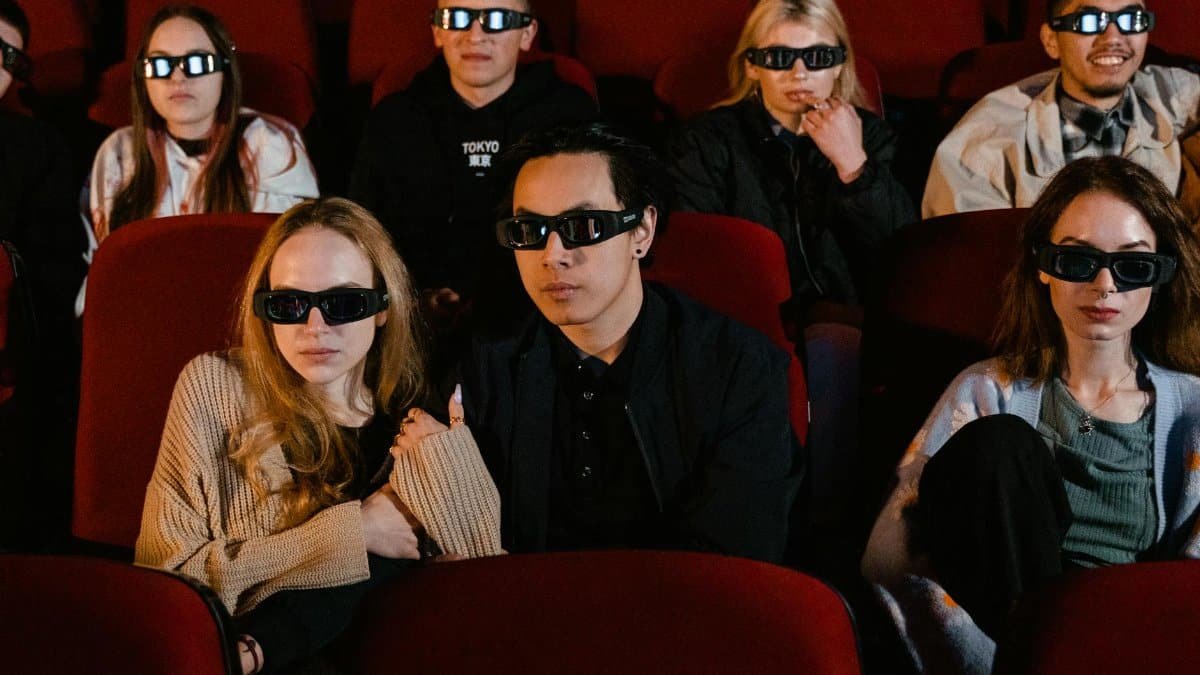 A diverse group of people wearing 3D glasses watch a movie in a theater.