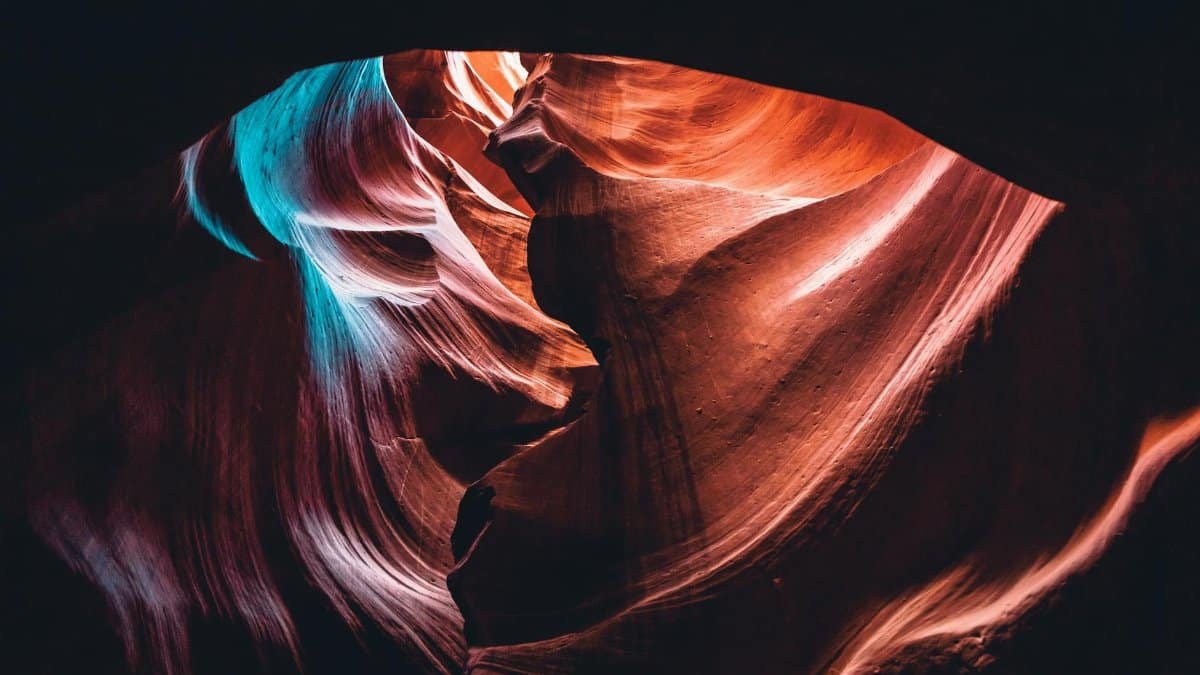 Vibrant and artistic photo of Antelope Canyon showcasing colorful and smooth rock formations.