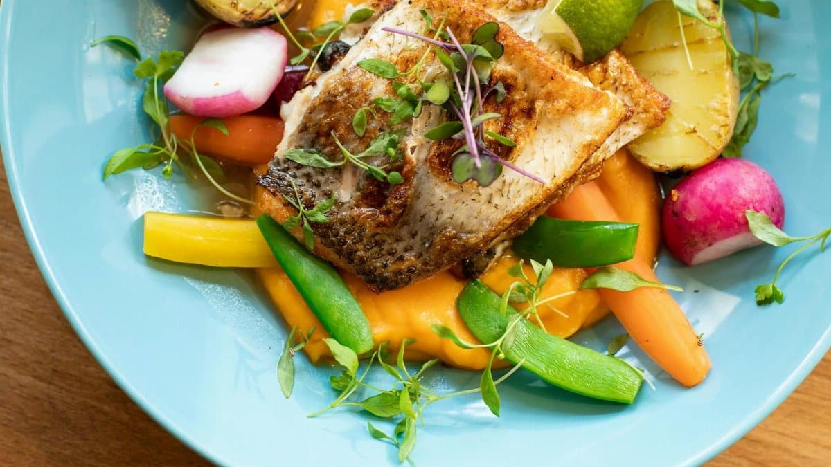 Colorful salmon dish with fresh vegetables on a blue plate, perfect for gourmet cuisine lovers.