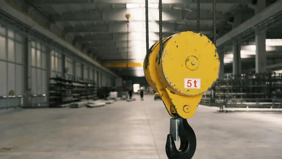 Closeup of a 5-ton yellow crane hook in an empty warehouse in Konya, Türkiye.