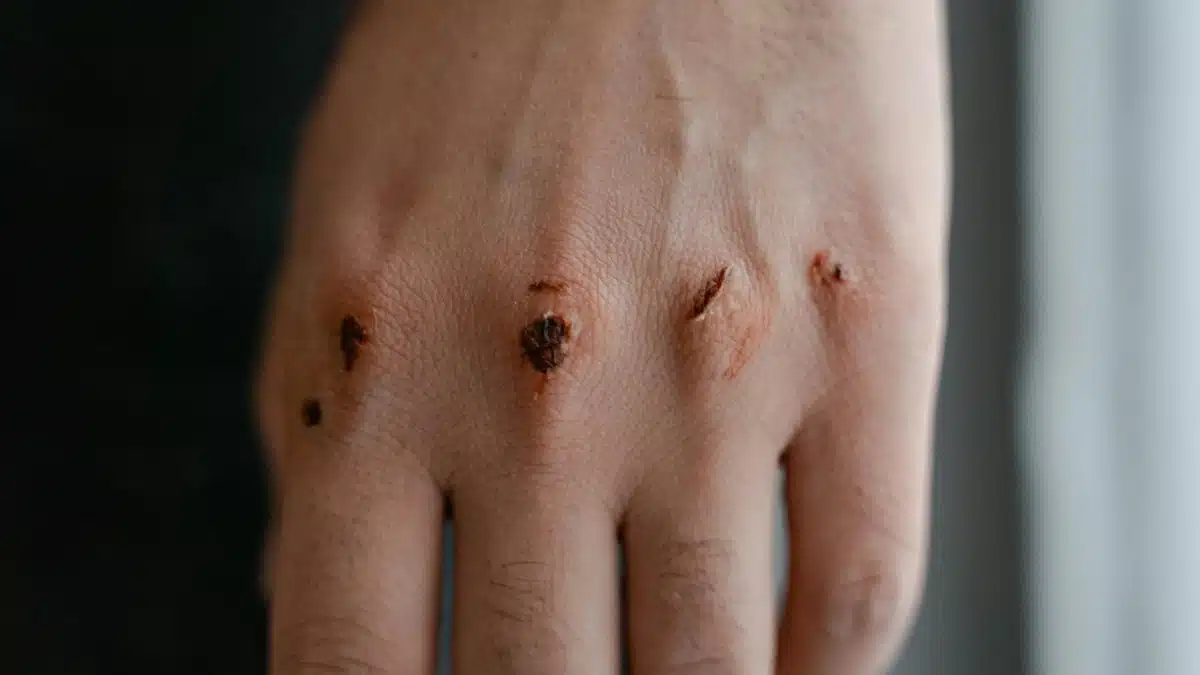 Close-up view of a hand showing scars and injuries on the knuckles.