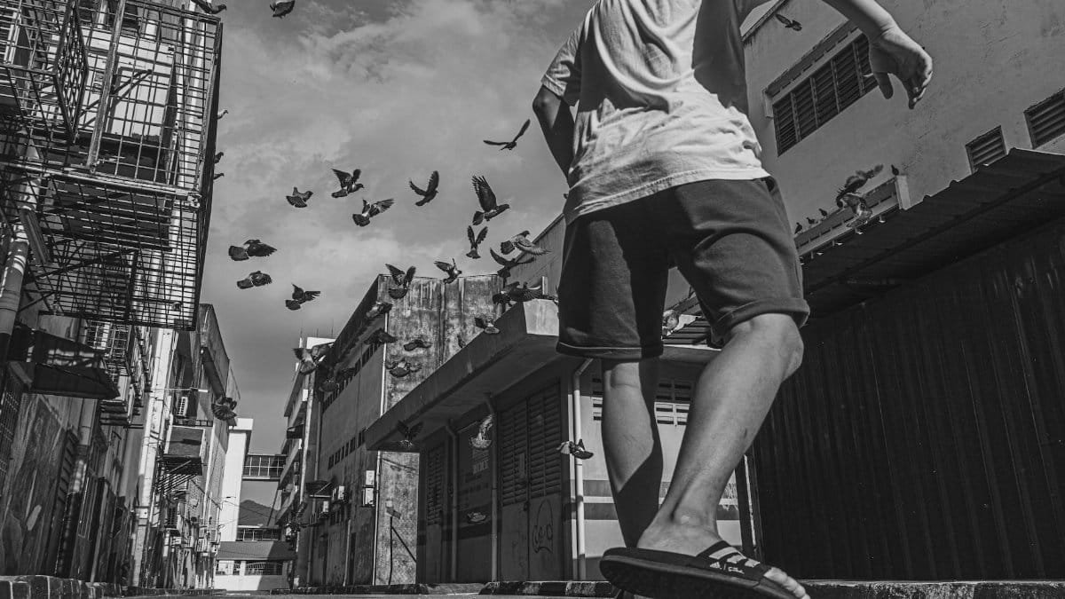 A black and white urban scene capturing motion with a person and flock of birds.