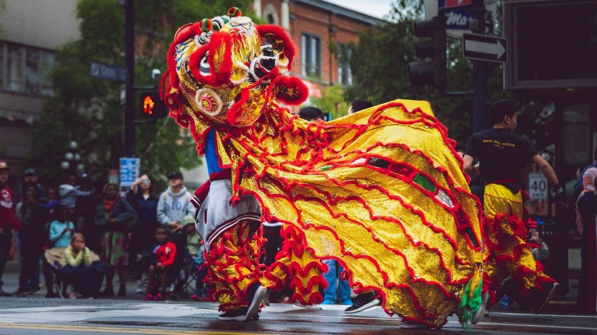 Vibrant dragon dance performance during a street parade in Victoria, BC, Canada, celebrating cultural heritage.