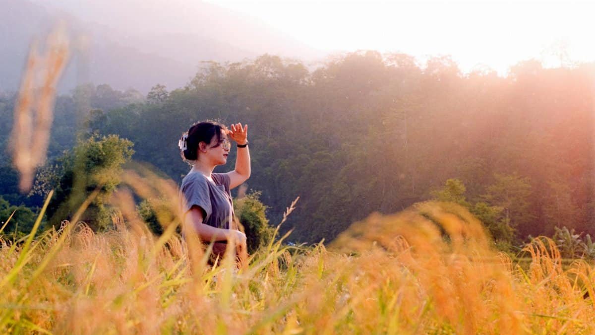 An Asian woman enjoys a sunny day in a lush, rural meadow, basking in sunlight.