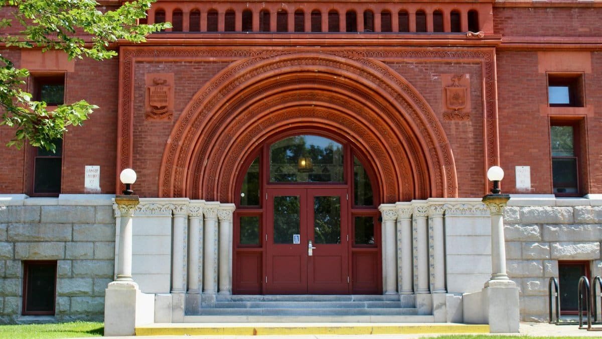 Stunning Gothic-style entrance at the University of Vermont's iconic building in Burlington, VT.