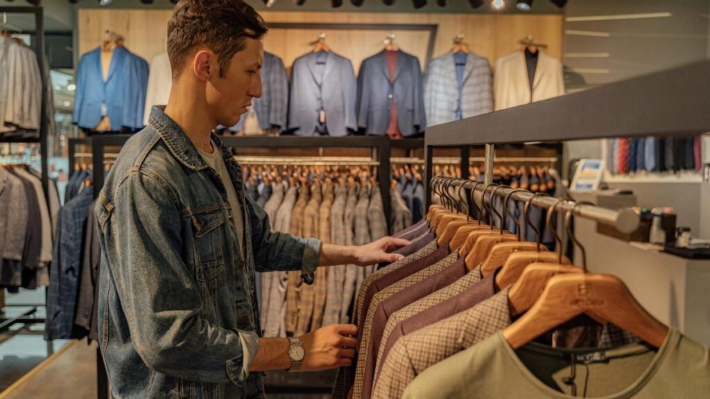 Young man browsing suits in a stylish clothing store, exploring fashion options.