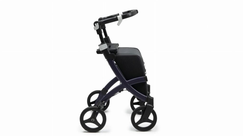 A sleek and modern rollator walker with handles and wheels against a white backdrop.