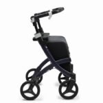 A sleek and modern rollator walker with handles and wheels against a white backdrop.