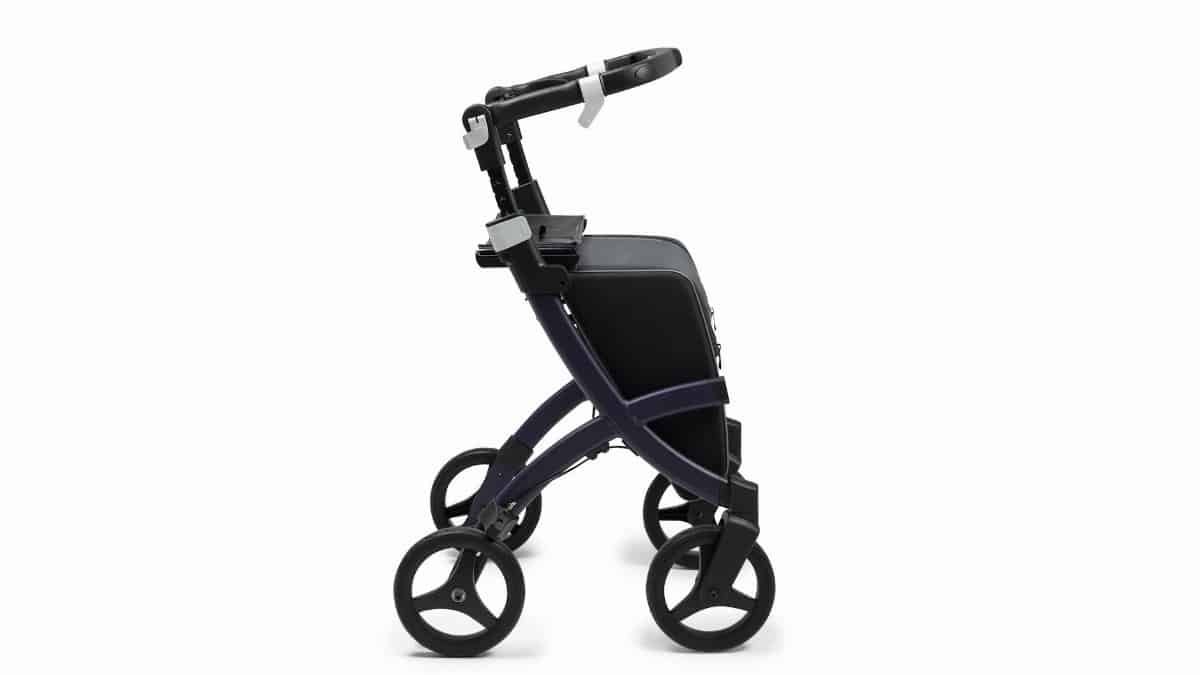 A sleek and modern rollator walker with handles and wheels against a white backdrop.