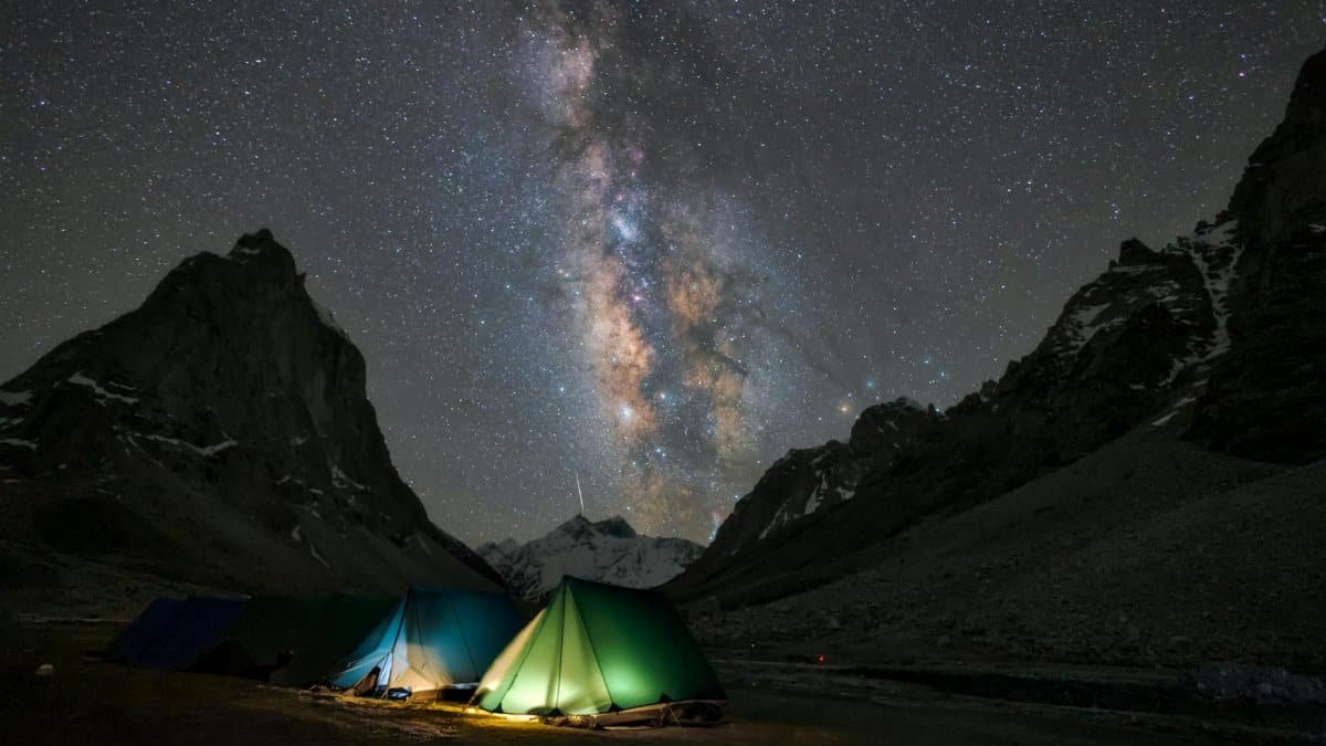 Starry sky with Milky Way over a remote campsite in Zanskar, Himalayas.