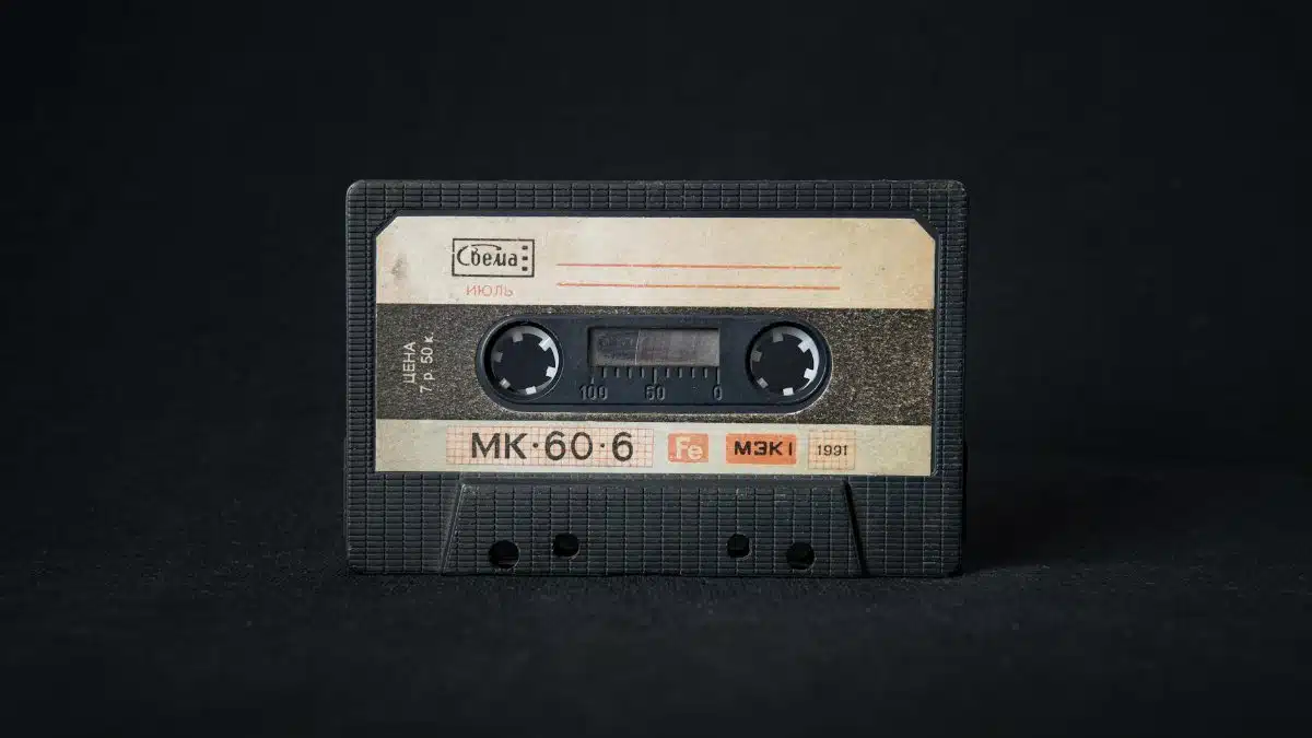 Close-up of a classic 1991 cassette tape symbolizing music nostalgia and retro style.