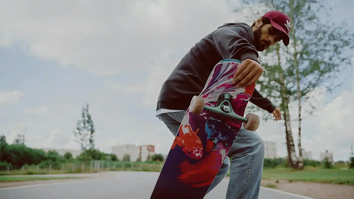 A male skateboarder performing tricks on a colorful board outdoors on a sunny day.