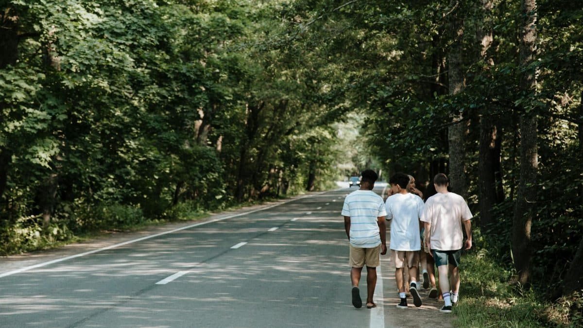Group of teenagers walking on a quiet forest road, enjoying a summer day.