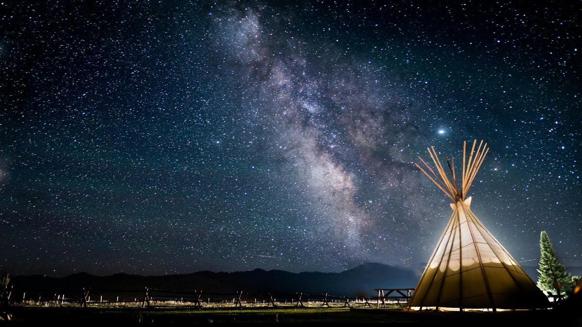 A mesmerizing view of the Milky Way over a teepee under a starry night sky, perfect for astronomy lovers.
