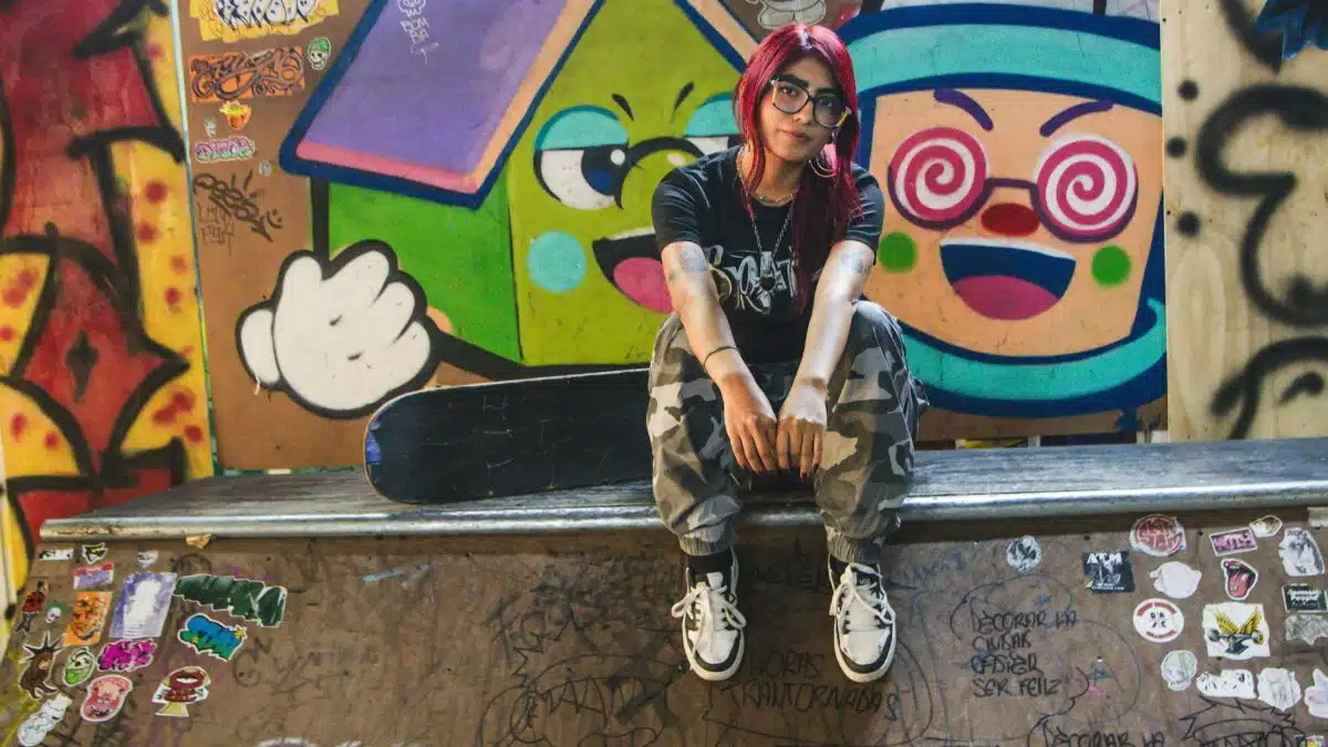 Teen girl with red hair sitting in a vibrant graffiti-filled skate park. Urban youth culture.
