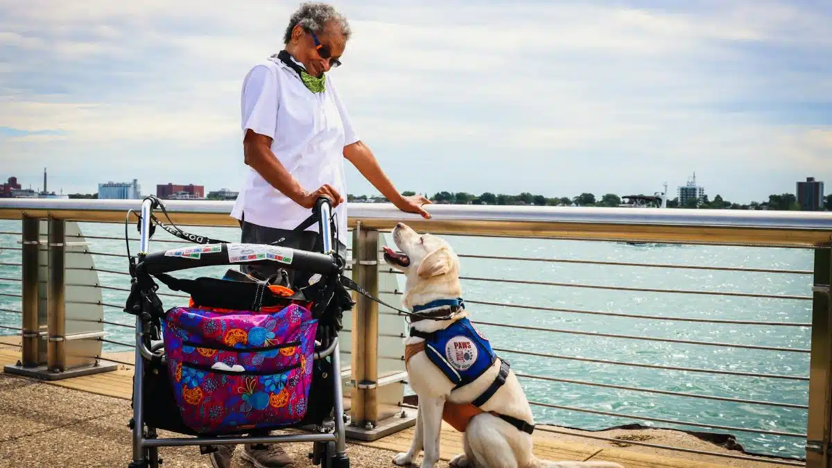 A senior woman enjoying a day by the water with her service dog in Detroit.