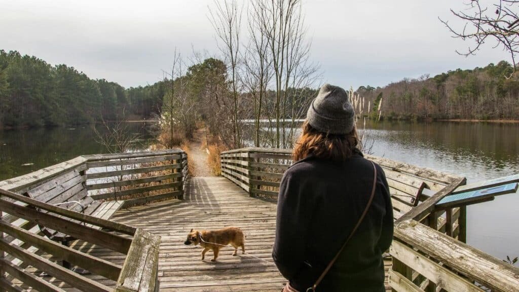 A woman and her dog enjoying a peaceful walk on a wooden pier by a serene lake.