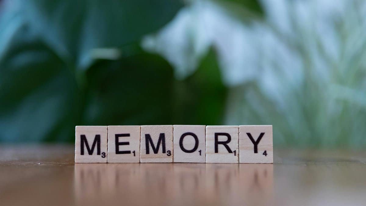 Wooden letter tiles spelling 'Memory' on a wooden table with blurred green background.