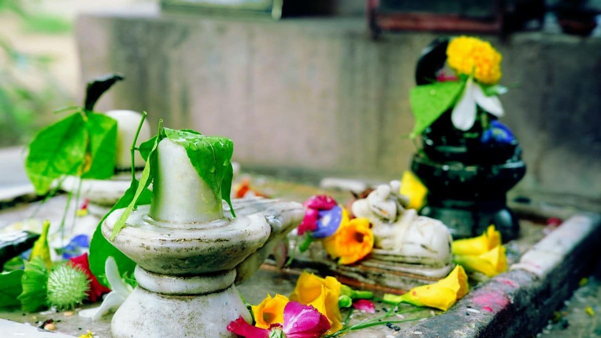A colorful arrangement of flowers and leaves on Shiva lingam at an outdoor temple in India.